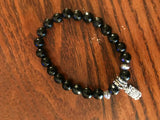 natural gemstone beaded stretch charm bracelet with silvertone owl charm