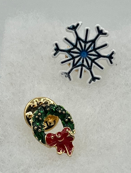 Enamelled Christmas Pin Brooch Set Blue and White Snowflake Red and Green Wreath