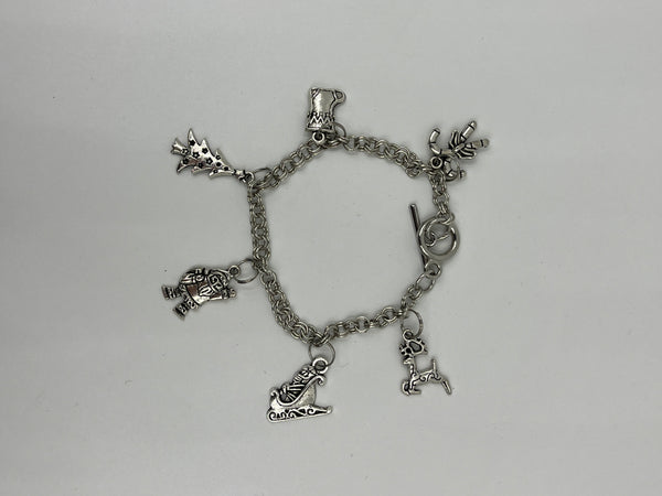 Silvertone Christmas Themed Charm Bracelet Santa Reindeer Sleigh Candy Cane Tree