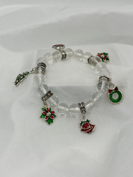 Christmas Clear Glass Faceted Beaded Stretch Charm Bracelet Tree Wreath Holly