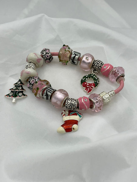 European Christmas Charm Bracelet Stocking Wreath Tree Pink and Silver Beads