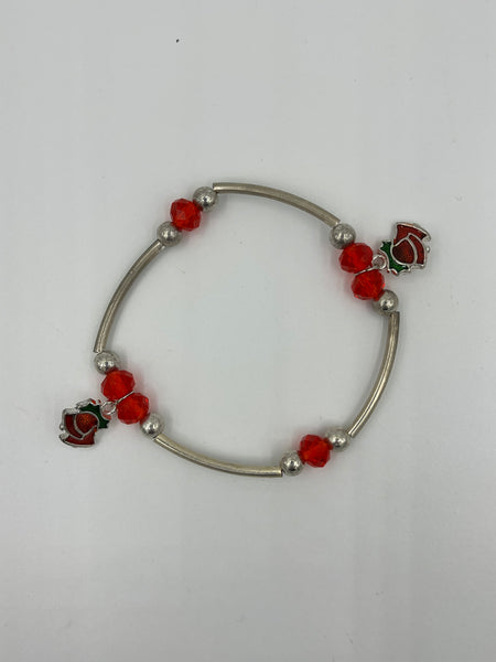 Red Faceted and Silver Christmas Bells Beaded Stretch Charm Bracelet