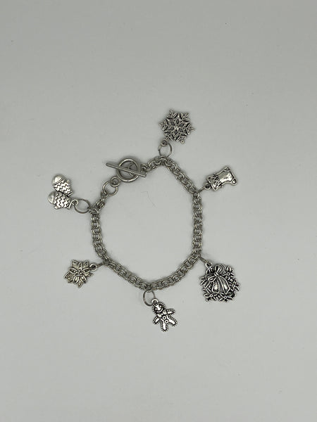 Silvertone Christmas Charm Bracelet Snowflake Wreath Poinsettia Gingerbread More