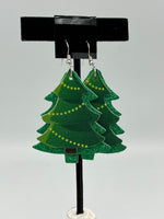 Green and Multicolor Sparkly Christmas Tree Leather Dangle Earrings