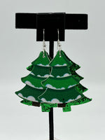 Large Green and White Leather Christmas Tree with Snow Dangle Earrings