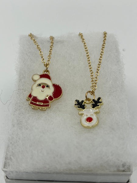 DaintyGoldtone Christmas Charm Pendant Set Santa and Reindeer on Chain Necklaces