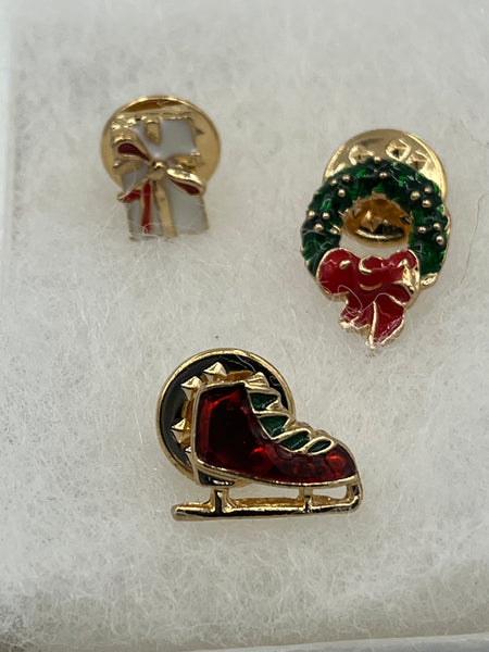 Small Goldtone Enamel Christmas Pin Brooch Set Red Ice Skate Green Wreath Gift