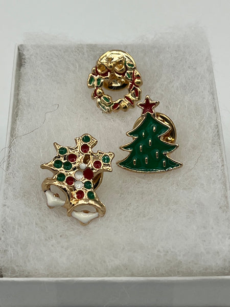 Gold Tone and Enamel Christmas Pin Brooch Set Wreath, Tree, and Holly with Bells
