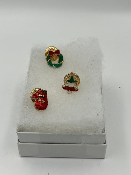 Gold Tone and Multicolor Enamel Christmas Pins Brooches Wreath Tree Mitten