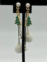 Goldtone and Green Enamel Christmas Tree Dangle Earrings with White Pompoms