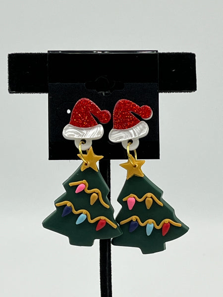 Cute Multicolor Clay Christmas Tree and Santa Claus Head Dangle Post Earrings