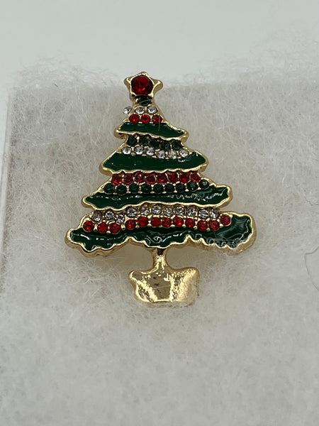 Sparkly Goldtone Red and Green Enamel and CZs Christmas Tree Pin Brooch Pendant
