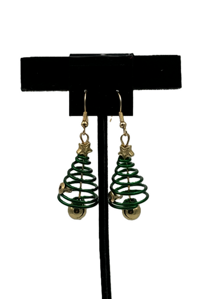 Cute Acrylic Green Spiral Christmas Tree with Gold Star Dangle Earrings
