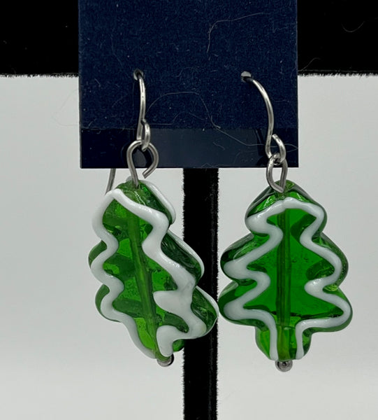 Green and White Lampworked Glass Christmas Tree Dangle Earrings