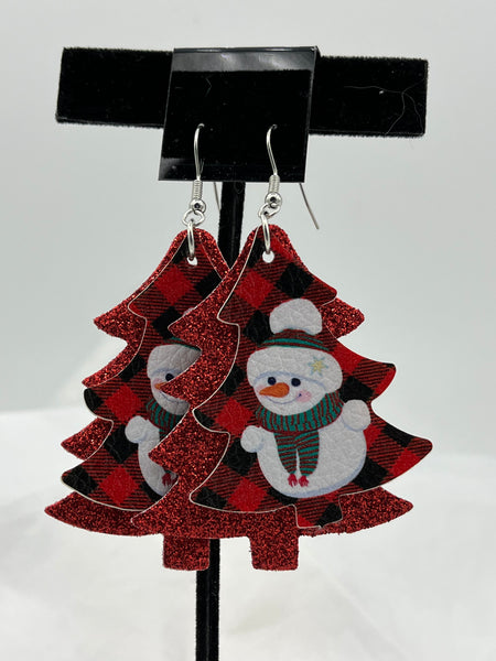 Large Red Christmas Tree Shaped Leather Dangle Earrings with Painted Snowman