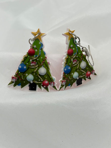 Large Multicolor Acrylic Christmas Tree Shaped Dangle Earrings