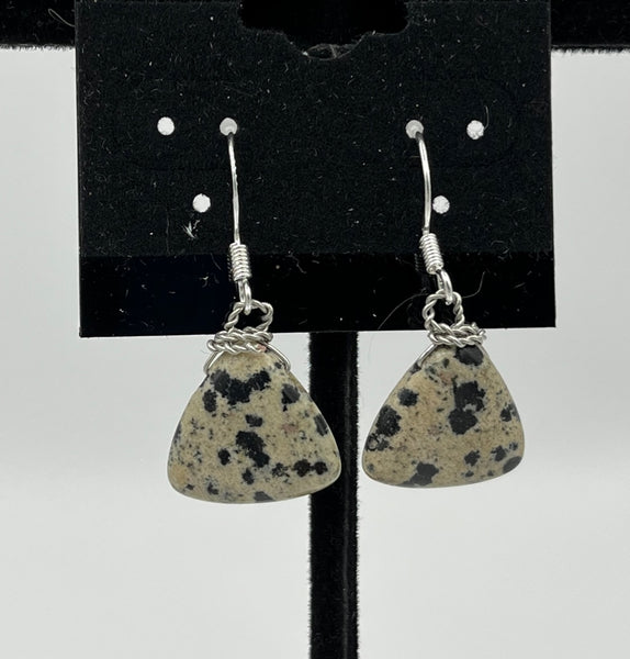 Natural Dalmatian Jasper Gemstone Triangle Sterling Silver Dangle Earrings