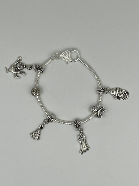 Silvertone European Style Christmas Charm Bracelet Santa Reindeer snowman tree