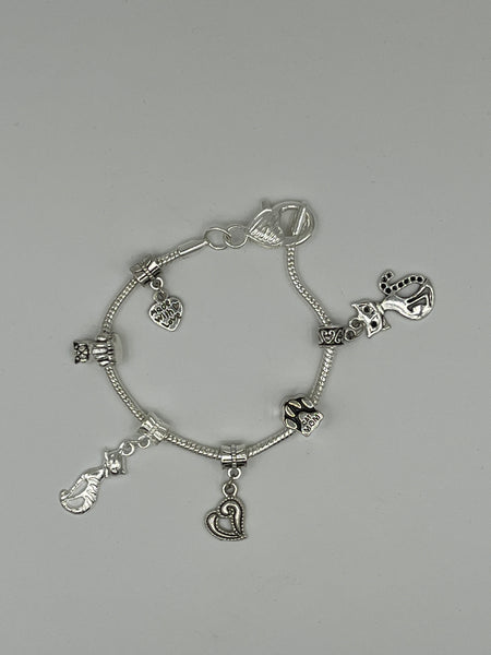 Silvertone Cat Themed European Style Charm Bracelet Pet Lover Gift