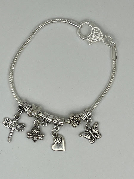 Silvertone European Style Charm Bracelet Insects Hearts Flower