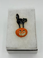 Cute Halloween Enamel Orange Pumpkin and Black Cat Pin Brooch