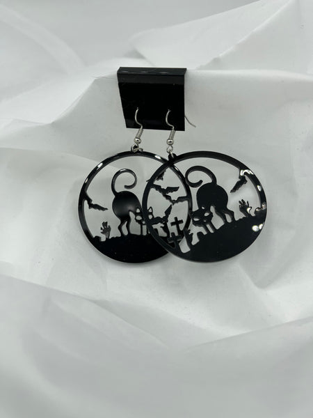 Large Acrylic Round Halloween Dangle Earrings with Black Cat and Batin Cemetery