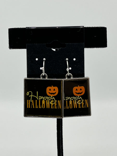 Silver Tone and Orange Enamel Happy Halloween with Pumpkin Dangle Earrings