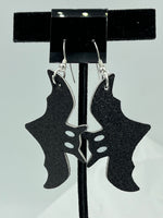 Large Black Sparkly Leather Halloween Bat Shaped Dangle Earrings