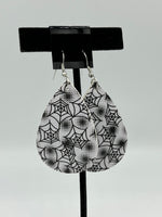 Halloween Teardrop Shaped Black Leather Dangle Earrings with White Spiderwebs