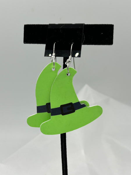 Bright Green Leather Halloween Witch Hat with Black Band Shaped Dangle Earrings