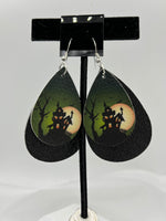 Green and Black Halloween Haunted House with Moon Leather Dangle Earrings