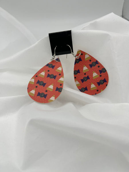 Halloween Orange Candy Corn Licorice Stripes Teardrop Leather Dangle Earrings
