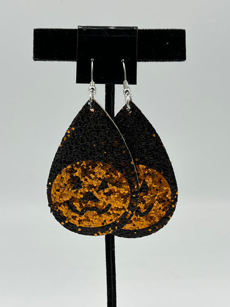 Large Halloween Black Leather Teardrop Dangle Earrings with Orange Pumpkins