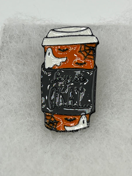 Multicolor Enamel Halloween Ghosts on Coffee Travel Mug Pin Brooch