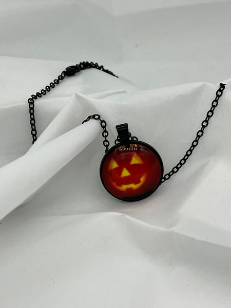 Halloween Smiling Pumpkin Glass Cabochon Pendant on Black Adjustable Chain