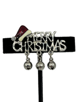 Silver Metal Merry Christmas Pin Brooch with Santa Hat and Jingle Bells