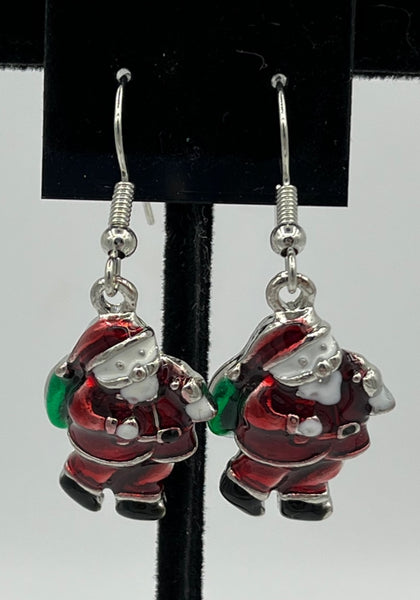 Silvertone Red and Green Enamel Christmas Santa Charm Dangle Earrings