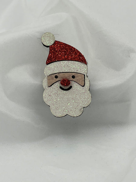 Red and White Glittered Felt Christmas Santa Claus Head Pin Brooch