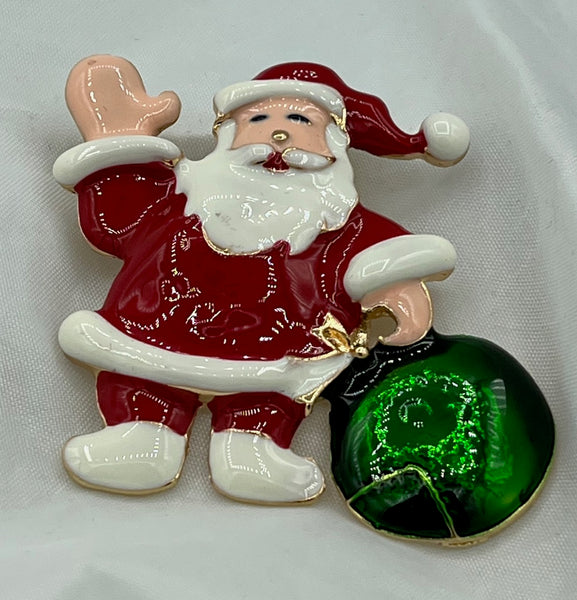 Gold Tone and Green Enamel Christmas Santa Claus with Toy Bag Pin Brooch