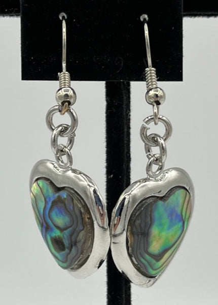Natural Abalone Shell Heart Shaped Silvertone Dangle Earrings