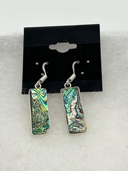 Natural Abalone Shell Gemstone Long Rectangle Sterling Silver Dangle Earrings