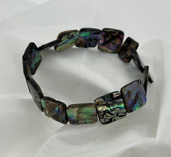 Natural Abalone Shell Flat Squares Beaded Stretch Bracelet