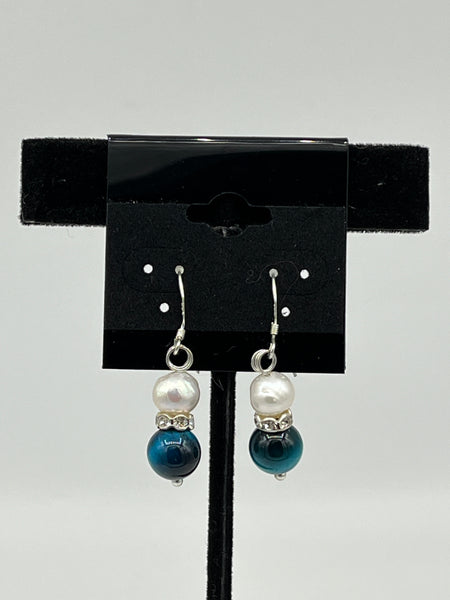 Natural Amazonite & Pearl Gemstone Round Beaded Sterling Silver Dangle Earrings