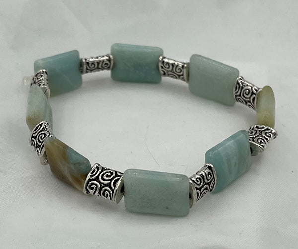 Natural Amazonite Gemstone and Silvertone Rectangles Beaded Stretch Bracelet