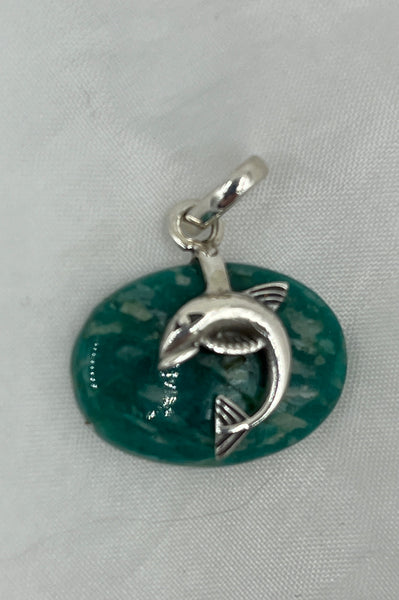 Natural Amazonite Gemstone Oval With Sterling Silver Dolphin Pendant