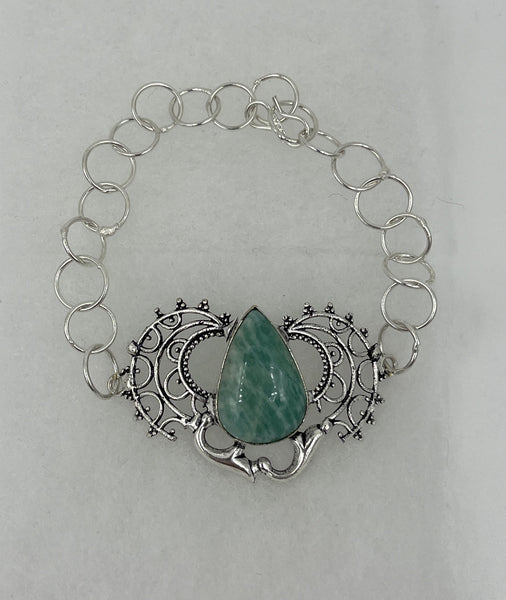 Natural Amazonite Gemstone Teardrop Cabochon Sterling Silver Adjustable Bracelet