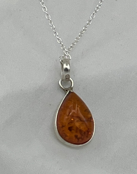 Natural Amber Gemstone Teardrop Cabochon Sterling Silver Pendant on Chain