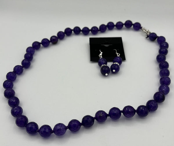 Natural Amethyst Gemstone Faceted 10MM Round Beaded Necklace and Dangle Earrings