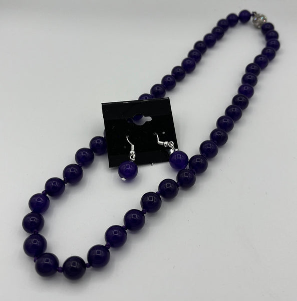 Natural Amethyst Gemstone 10MM Round Beaded Necklace and Dangle Earrings Set