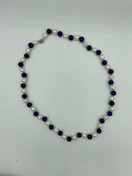 Natural Amethyst Gemstone Round and Rice Pearl Beaded Necklace